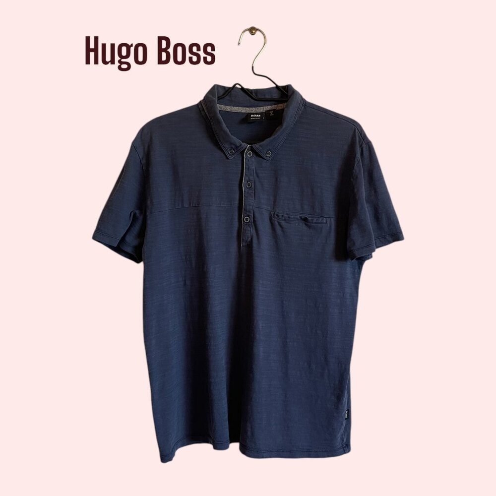 Hugo Boss Regular Fit Polo Shirt Men's L Navy Blue Short Sleeve EUC